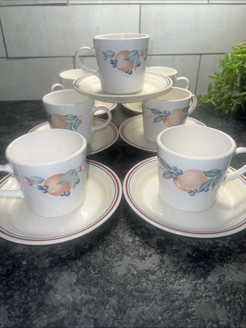 Vintage set of 7 ABUNDANCE cup and Saucer Set - White with Peach & Blue Accents